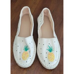 Loft Womens Pineapple Embroidered Espadrille Flats Cream Polka Dot Slip On Shoes